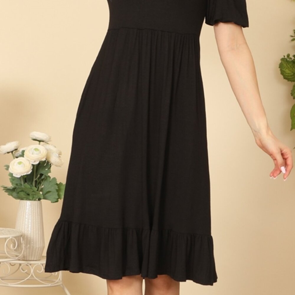 BLACK DRESS RUFFLE BOTTOM AND SLEEVE